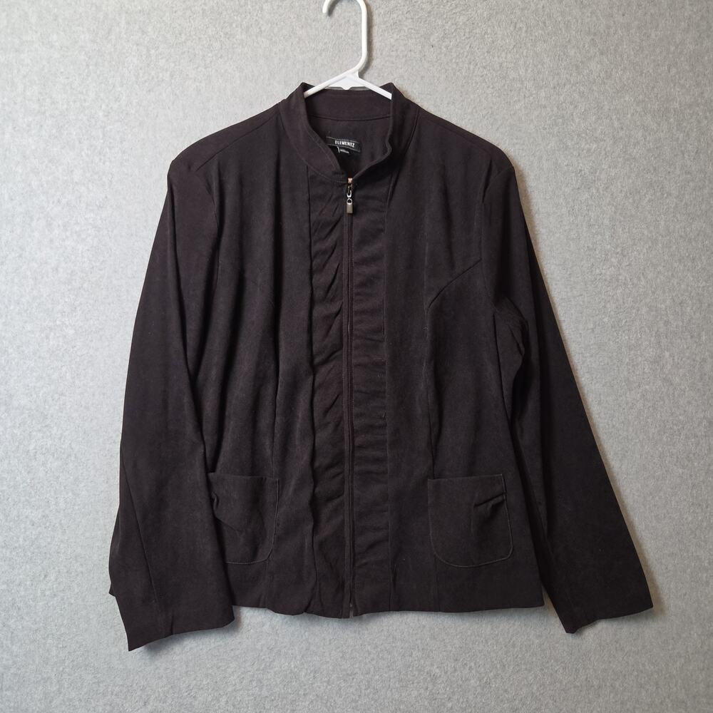Elementz Chocolate Brown Faux Suede LS Zip Up Jacket Womens XL Stretch Pockets